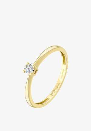 Geelgouden solitairering met een enkele rondgeslepen diamant gezet in vier pootjes op een gepolijste ringband.