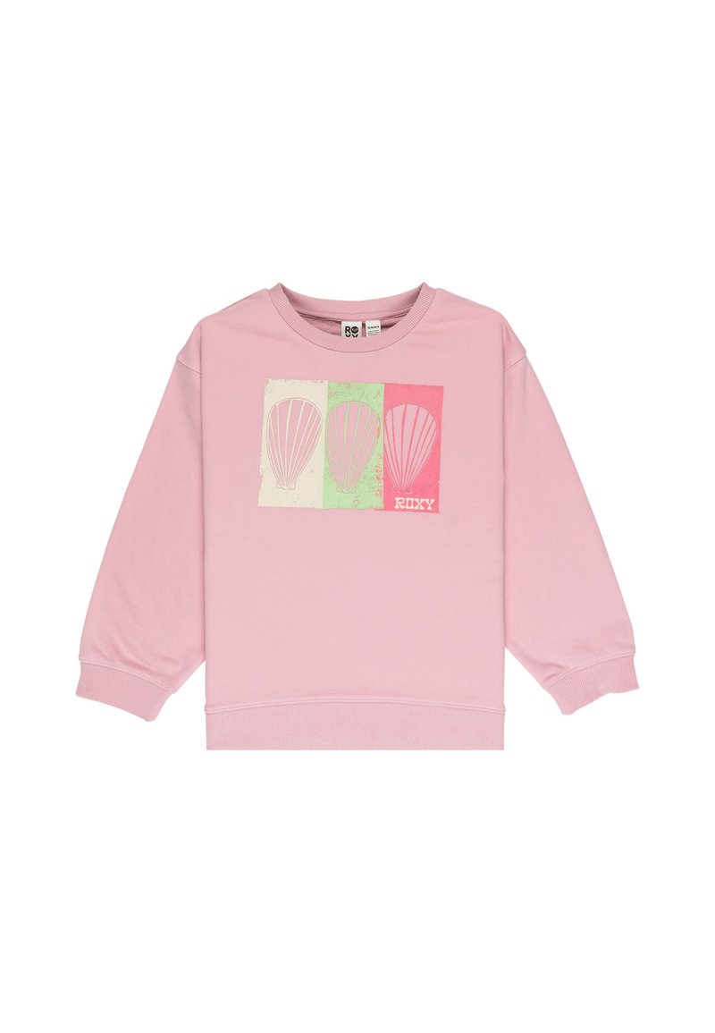 Sudadera rosa con cuello redondo, mangas largas y puños acanalados. En el frente presenta un gráfico de tres conchas contorneadas en verde, rosa y crema.