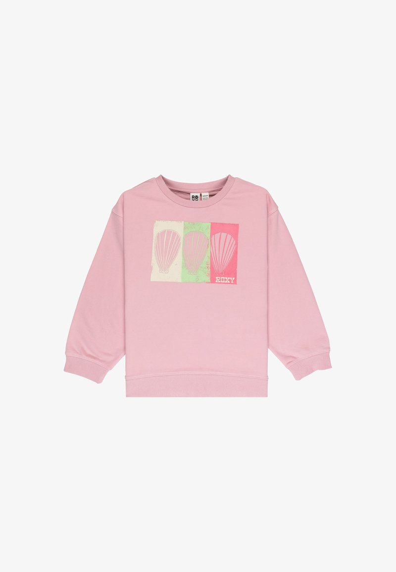 Sudadera rosa con cuello redondo, mangas largas y puños acanalados. En el frente presenta un gráfico de tres conchas contorneadas en verde, rosa y crema.