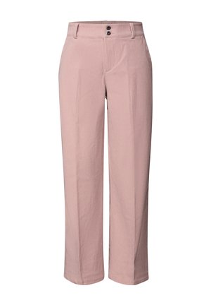 Pantaloni in morbido tessuto di velluto a coste rosa chiaro con un design a gamba larga, caratterizzati da due bottoni neri decorativi in vita e una texture a coste verticali visibile.