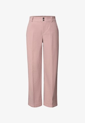 Pantaloni in morbido tessuto di velluto a coste rosa chiaro con un design a gamba larga, caratterizzati da due bottoni neri decorativi in vita e una texture a coste verticali visibile.