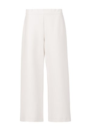 High-waist wide-leg cropped trousers in off-white with clean front, belt loops, and a tailored fit.