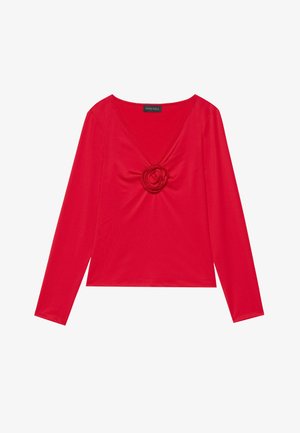 Rode lange mouwen top met een V-hals en een centrale rozendetail. Gemaakt van een soepele stof met een aansluitende pasvorm. Merktag zichtbaar bij de halslijn.