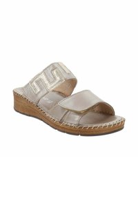Infradito in pelle beige con una fascia testurizzata, caratterizzata da un motivo a zigzag e una soletta imbottita su una bassa suola a zeppa in legno.