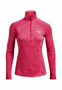 Långärmad röd träningströja med halv dragkedja och hög krage, med en liten vit Under Armour-logotyp på bröstet.