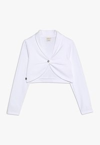 Top bianco corto con maniche lunghe, tessuto morbido, colletto a punta e un bottone centrale decorativo. Presenta due bottoni laterali per la chiusura.