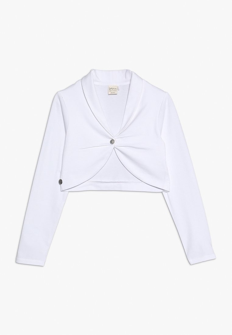 Top bianco corto con maniche lunghe, tessuto morbido, colletto a punta e un bottone centrale decorativo. Presenta due bottoni laterali per la chiusura.