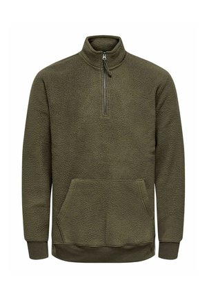 Pull polaire vert olive avec demi-fermeture éclair, col montant, poche kangourou et poignets et bas en côtes.
