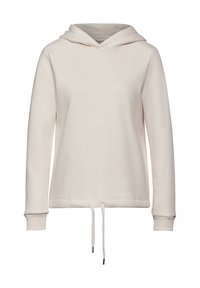 Felpa leggera beige realizzata in un tessuto morbido e testurizzato. Presenta un cordino al collo e maniche lunghe con polsini. Design semplice.