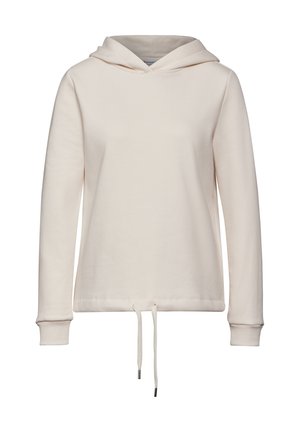 Sudadera color beige claro hecha de una tela suave y texturizada. Cuenta con un cordón en el cuello y mangas largas con puños. Diseño simple.