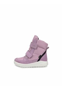 Rosa High-Top-Stiefel mit Klettverschlüssen, strukturiertem Obermaterial, kontrastierenden schwarzen Akzenten und einer weißen Gummisohle. Verfügt über eine Zuglasche für ein einfaches Anziehen.