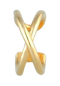 Anello in oro intrecciato con una superficie liscia e lucida. Il design presenta bande intersectanti che creano una forma aperta e fluida.