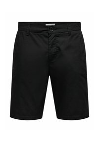 Sorte shorts lavet af glat stof, med knaplukning, bæltestropper og en klassisk lige pasform. Minimalistisk design uden mønstre.