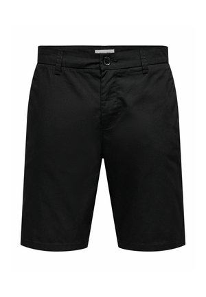 Shorts noirs en tissu lisse, dotés d'une fermeture à bouton, de passants de ceinture et d'une coupe droite classique. Design minimaliste sans motifs.