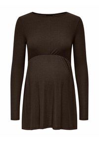 Haut de maternité beige à manches longues avec texture côtelée, décolleté rond et bustier ajusté qui s'évasent vers l'ourlet.