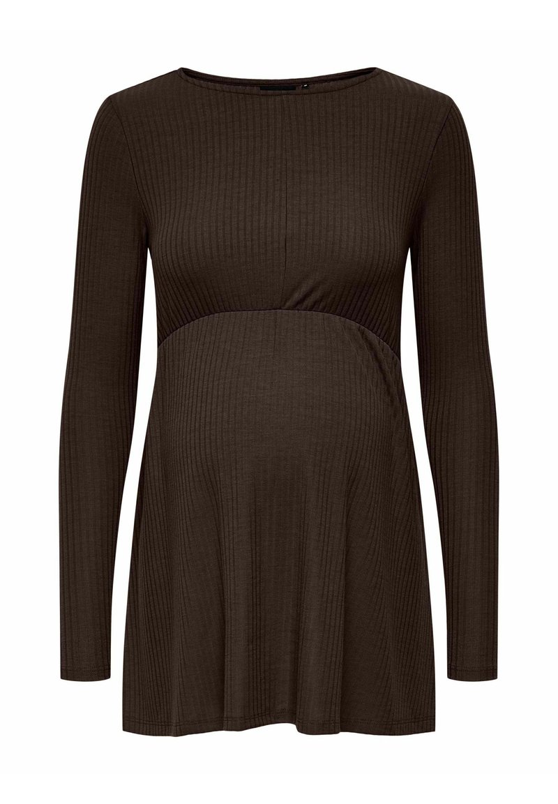 Haut de maternité beige à manches longues avec texture côtelée, décolleté rond et bustier ajusté qui s'évasent vers l'ourlet.