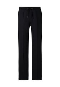 Czarne spodnie dresowe wykonane z miękkiego materiału, z sznurkiem w talii, dwoma bocznymi kieszeniami na suwak oraz prostym krojem nogawek.