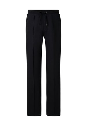 Zwarte joggingbroek van zacht materiaal met een tailleband met trekkoord, twee zijzakken met rits en een rechte pijp.