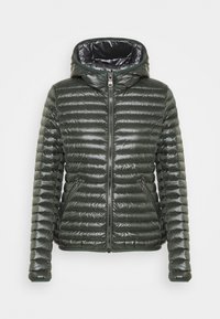 Zimní bunda v tmavě zelené barvě, s kapucí, zipovým uzávěrem a dvěma bočními kapsami. Vnější materiál je lesklý a má prošívané části.