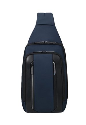 Borsa a tracolla blu navy con un mix di materiali tessili e sintetici, dotata di due scomparti con zip e un design slanciato e compatto.
