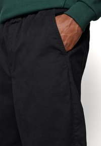 Pantalones cortos negros de tela suave, con un corte holgado, bolsillos laterales y una cintura elástica. Superficie texturizada con costuras mínimas.