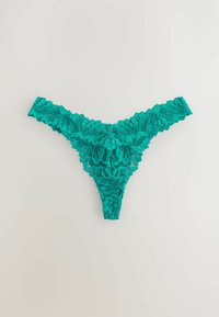 Teal lace thong with intricate floral pattern, scalloped edges, and a narrow back. Soft texture with detailed design.