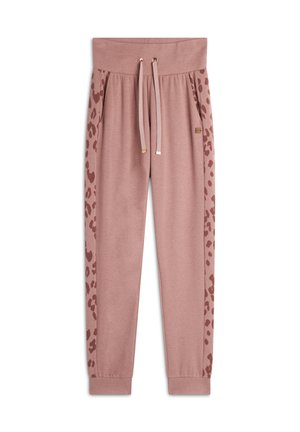 Pantaloni della tuta rosa con pannelli laterali in stampa leopardata, vita elastica ampia, cordoncino regolabile e polsini a coste. Texture del tessuto morbida.