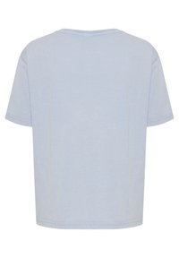 T-shirt uni bleu clair à manches courtes avec un col rond, vu de dos sur fond blanc.