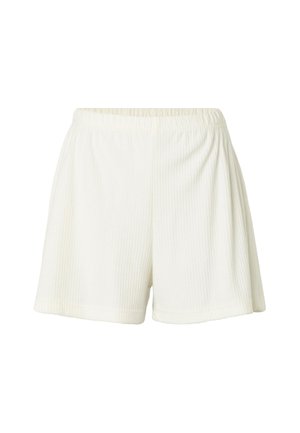 Shorts blancs en tissu côtelé avec taille élastique et coupe ample, présentés sur un fond blanc uni.