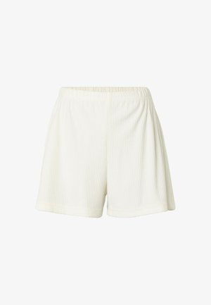 Shorts blancs en tissu côtelé avec taille élastique et coupe ample, présentés sur un fond blanc uni.