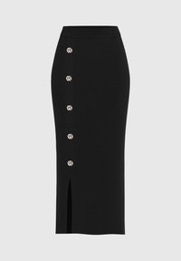 Jupe midi noire côtelée avec une taille ajustée, ornée de six boutons décoratifs à l'avant et d'une fente latérale pour un mouvement facile.