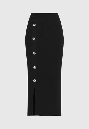 Jupe midi noire côtelée avec une taille ajustée, ornée de six boutons décoratifs à l'avant et d'une fente latérale pour un mouvement facile.