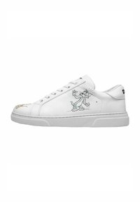 White leather sneakers with a flat sole, featuring a cartoon character graphic on the side and minimalistic design.