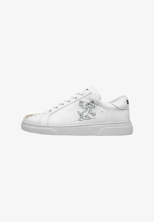 White leather sneakers with a flat sole, featuring a cartoon character graphic on the side and minimalistic design.