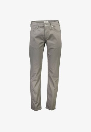 Pantaloni in cotone grigi con vestibilità slim, design a cinque tasche e chiusura con zip e bottone. Texture liscia e semplici dettagli di cucitura.