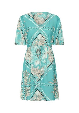 Tyrkysové šaty po kolená s béžovým kvetinovým vzorom, výstrihom do V, krátkymi rukávmi a opaskom na zaväzovanie v páse.