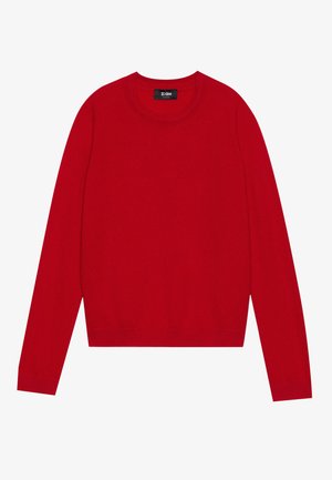Röd stickad tröja med rund halsringning och långa ärmar, med ribbade manschetter och nederkant. Slen textur, inga mönster eller utsmyckningar.