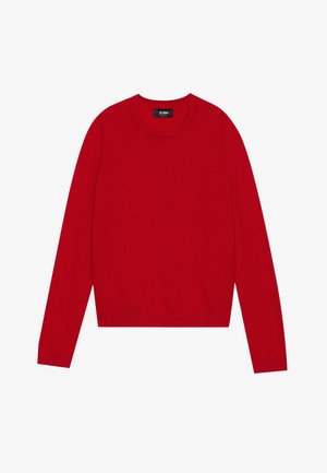 Pull en maille rouge avec un col ras du cou et des manches longues, doté de poignets et d'un ourlet côtelés. Texture lisse, sans motifs ni embellissements.