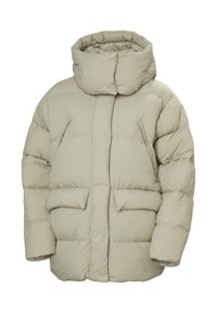 Giacca puffer beige chiaro con colletto alto, tasche pettorali con zip e due grandi tasche frontali. Tessuto morbido e trapuntato con una forma squadrata.