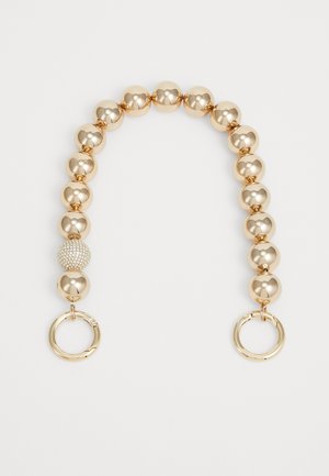 Collana in tono oro con perline arrotondate, un centro strutturato e chiusure circolari. Superficie liscia con una finitura lucida e riflettente.
