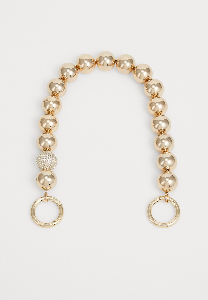 Gold-toned chain featuring rounded beads, a textured centerpiece, and circular clasps. Smooth surface with shiny, reflective finish.