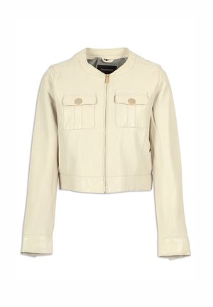 Beige cropped leren jack met ronde hals, ritssluiting aan de voorkant en twee borstzakken met klep en knoop.