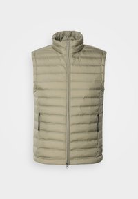 Gilet senza maniche imbottito di colore verde chiaro con design trapuntato verticale, collo alto, cerniera frontale e due tasche laterali con cerniera.