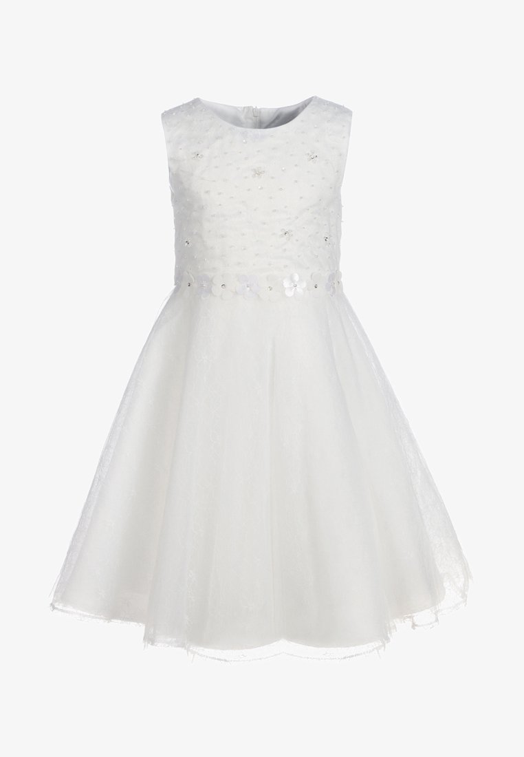Robe sans manches blanche pour filles avec des appliques florales et des embellissements en perles sur le buste, une ceinture florale et une jupe en dentelle.