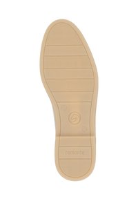 Semelle de chaussure en caoutchouc beige avec des motifs de texture pour une meilleure adhérence et un logo. Comprend des lignes horizontales et verticales pour la traction.