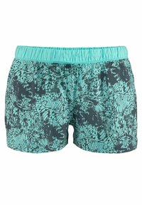 Pantalones cortos turquesa con estampado de mariposa negra, cinturilla elástica, corte relajado y tejido ligero, ideales para un uso casual.