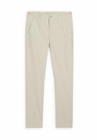 Khaki trousers made of lightweight fabric, featuring a straight leg design, side pockets, and a button closure at the waist.