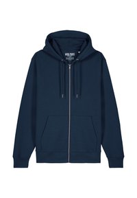 Felpa con zip blu navy con cappuccio ampio, tasche frontali e polsini a costine. Realizzata in tessuto morbido con coulisse e etichetta del logo all'interno.