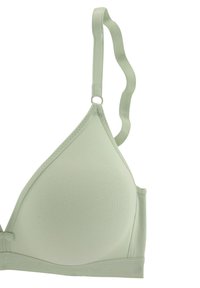 Soutien-gorge triangulaire vert clair en tissu doux. Dispose de bretelles réglables et d'une texture lisse, avec des détails de couture subtils.