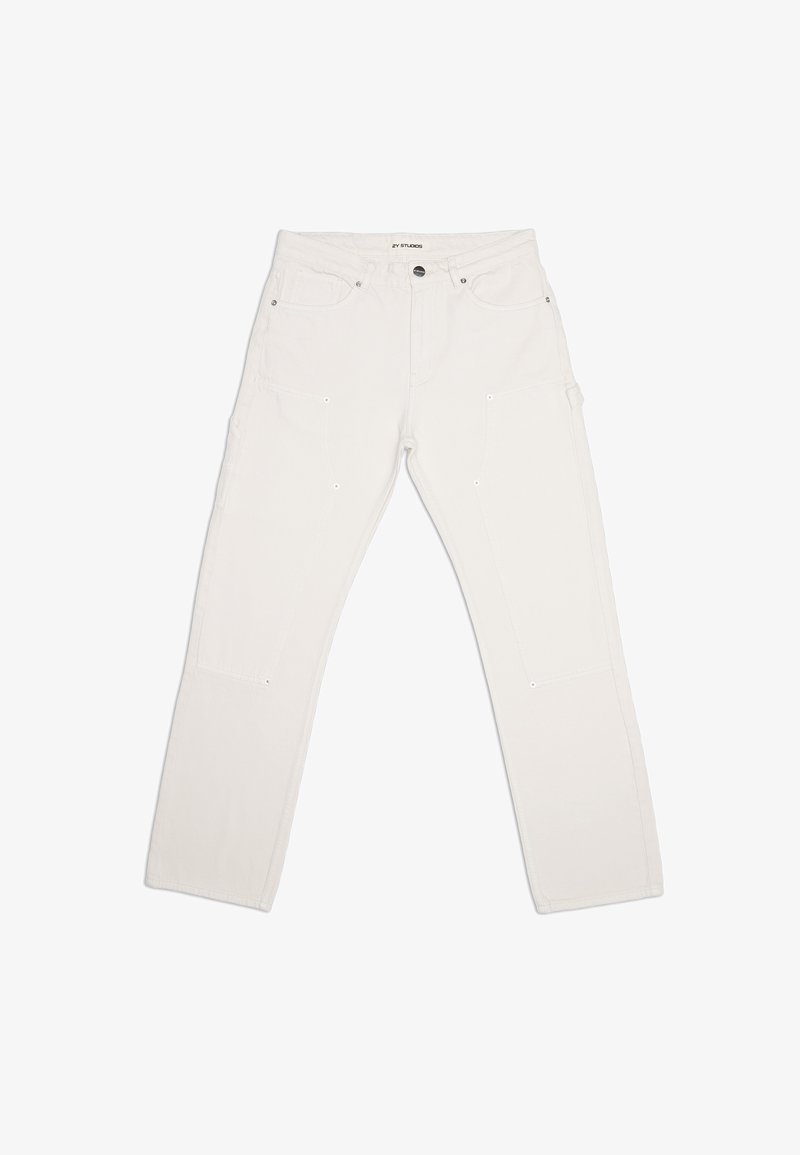 Calças cargo brancas com dois bolsos frontais, design de perna reta e reforço nos joelhos. Feitas de tecido de algodão resistente.